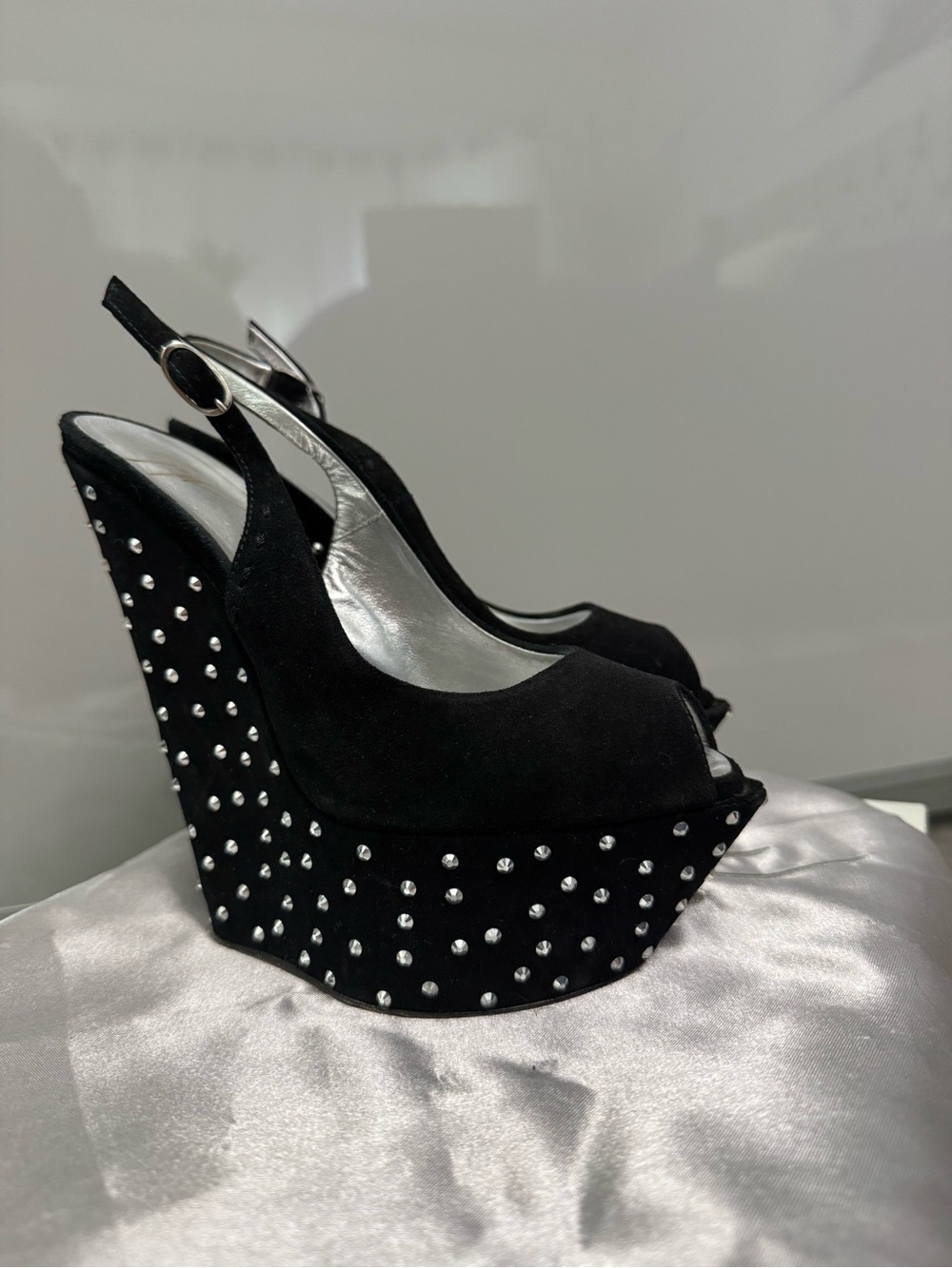 Giuseppe Zanotti Black Suede Studded Platform Wedge Slingbacks